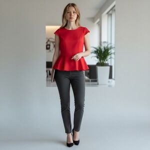 Express Red Peplum Top‎ Cap Sleeve Round Neck Gold Back Zip Womens Size Medium